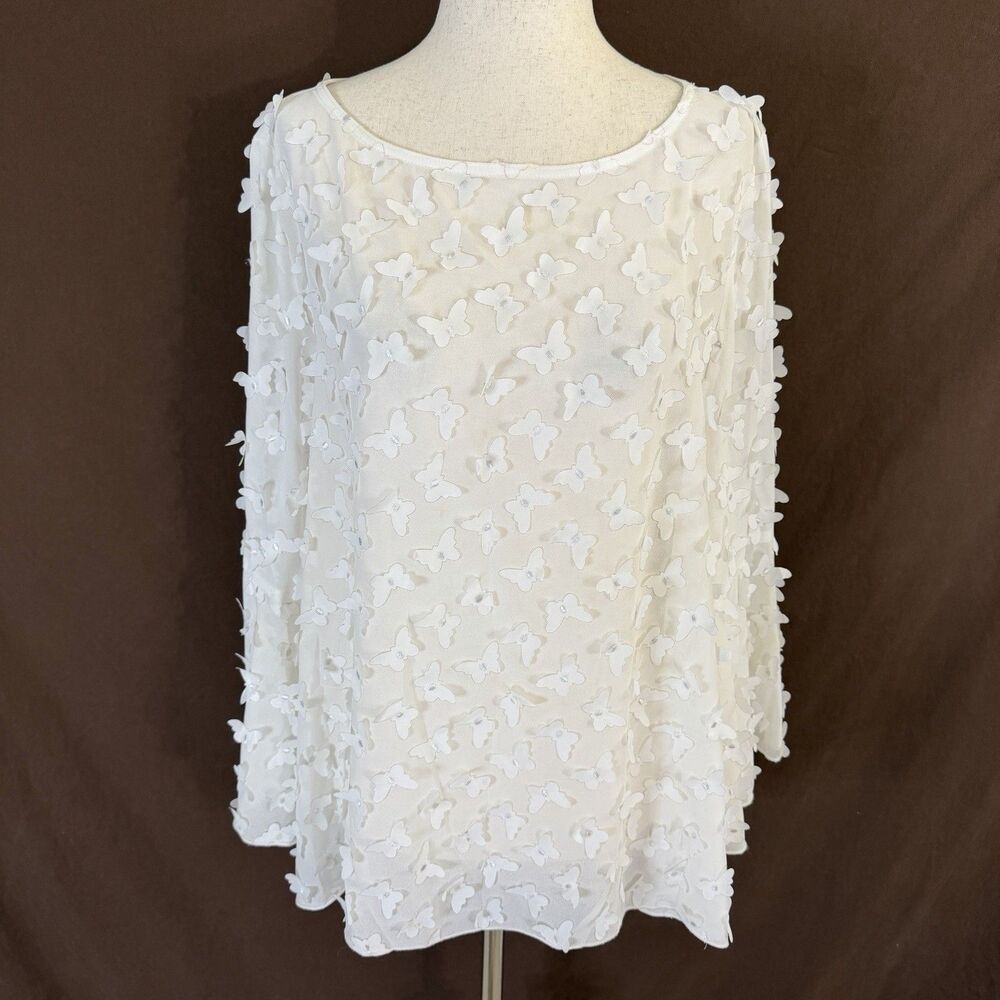IC by Connie K White Top Size XL 3-D Butterfly Chiffon Blouse Bell Sleeve